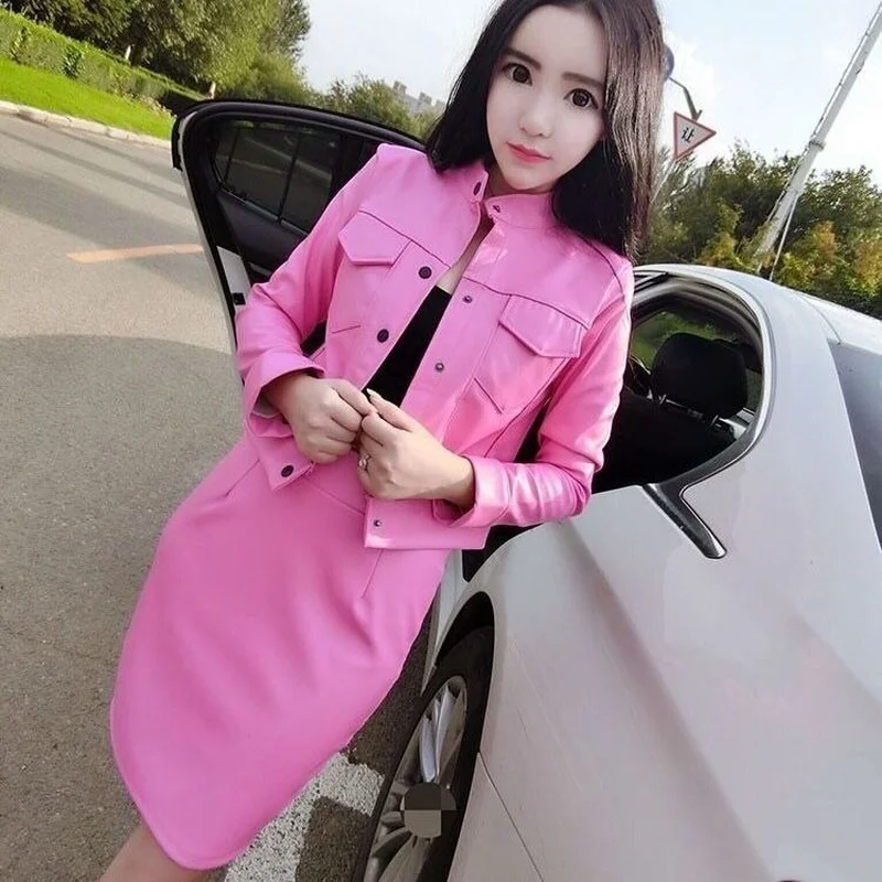 Женские кожаные комплекты из 2 предметов пикантный короткий приталенный жакет на