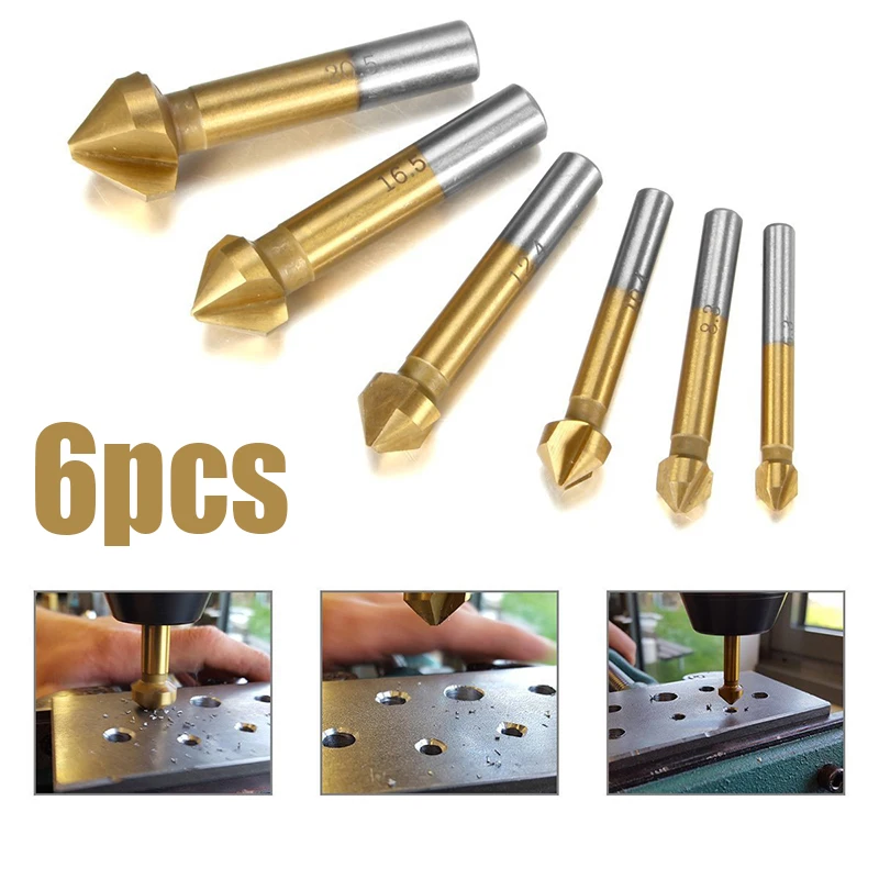 6Pcs 6.3-20.5mm Chamfering End Mill Cutter 3 Flute Round shank 90 Degree HSS Countersink Deburring Tapered Drill Bit