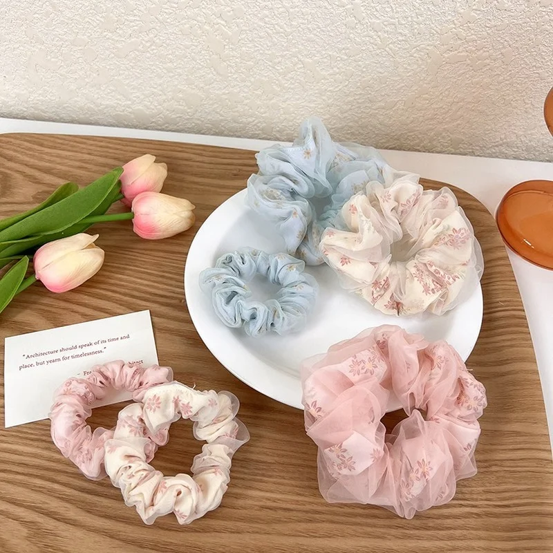 

Fashion Women Hair Accessoires Hair Ties Mesh Floral Scrunchies Elastic Hair Bands Vintage Rubber Bands Ponytail Holder Headband