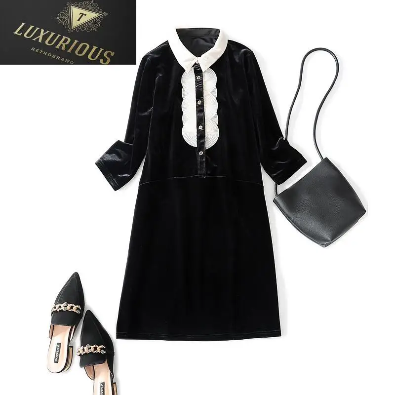 

Winter Clothes For Women 2024 Casual Dress A-line Solid Three Quarter Sleeve Ruffles Turn-down Collar Autumn Dresses
