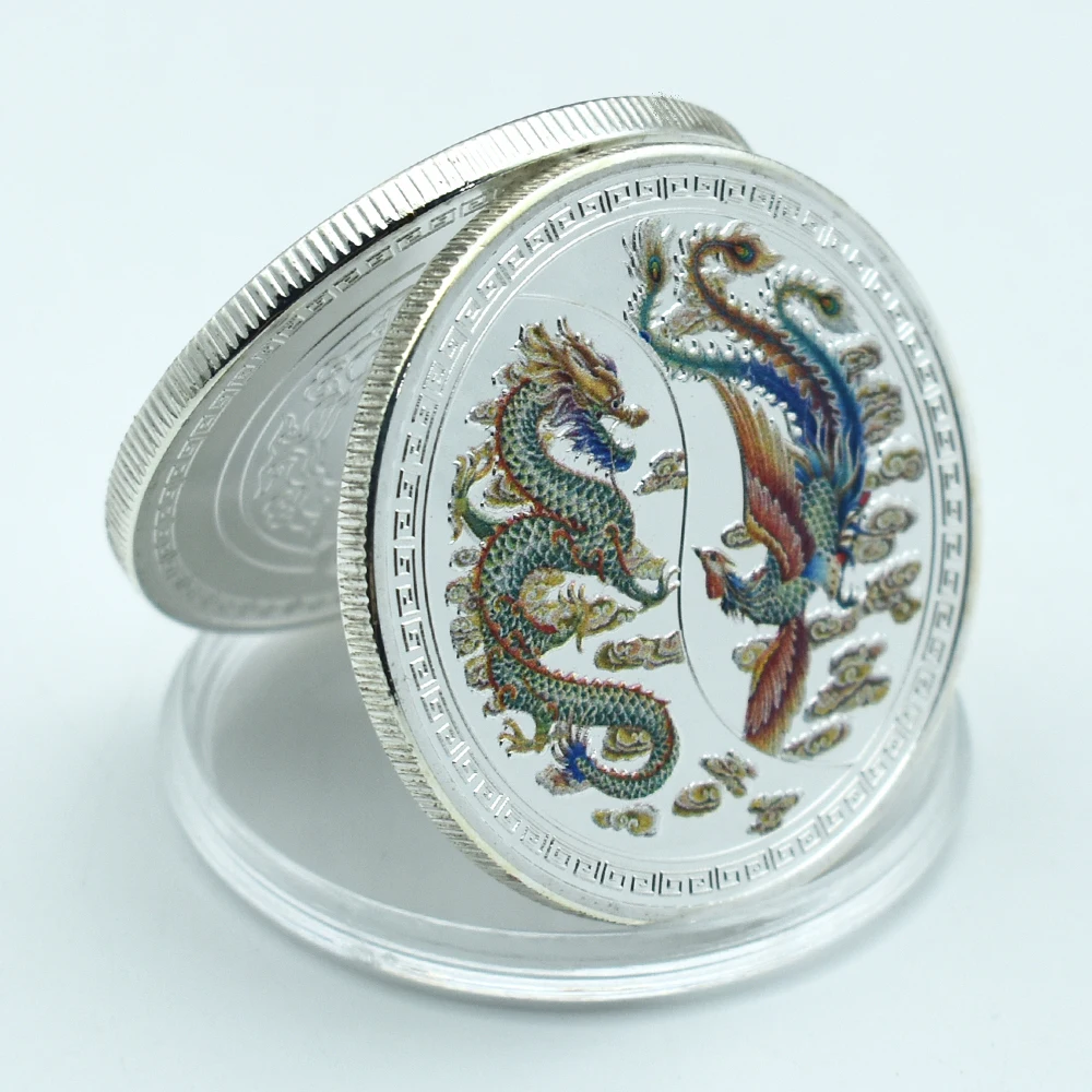 

Chinese Color Plating Dragon Coin Phoenix Sliver Coin Chinese Traditional Transit Coin Commemorative Coin Collection Lucky Gift