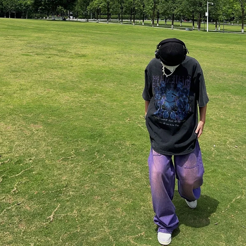 Streetwear Men 2022 New Style Recreational Comfortable Purple Jeans Loose Temperament Versatile Wide Leg Mop Pants Autumn Female