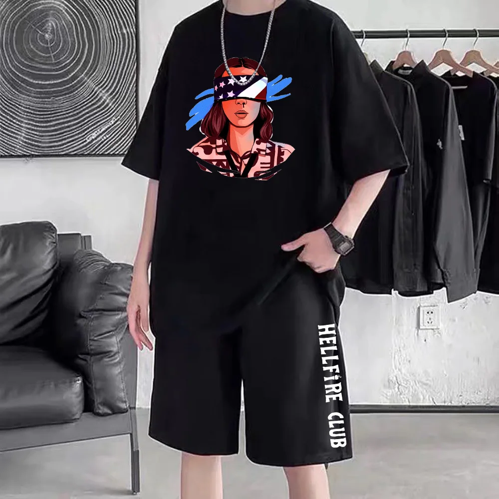 Y2k Short Sleeve Sets Hip Hop Solid Color Black Streetwear Set 2022 Summer Short-sleeve-suit Harajuku Men Clothing