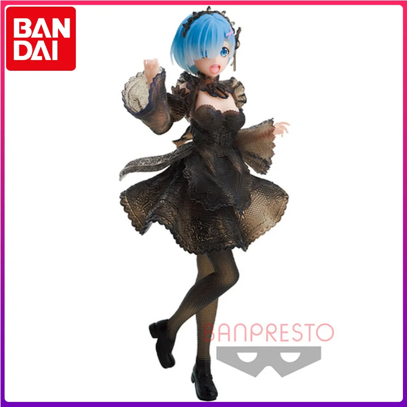 Bandai Original Anime Figure Rem Black Gown Action Figure Toys for Boys Girls Kids Christmas Gift Collectible Model Ornaments