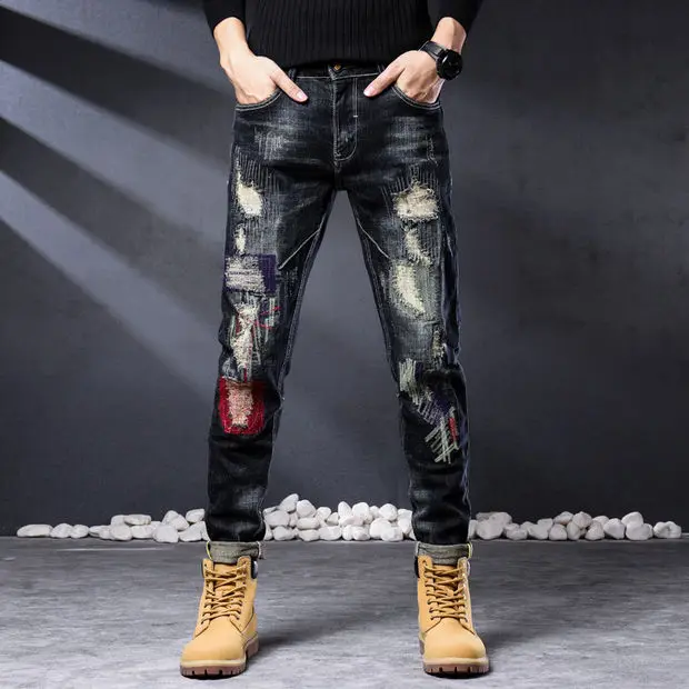 

2022 New Skinny Jeans Pants Men Streetwear Destroyed Ripped Jeans Homme Hip Hop Fashion Male Pencil Pants Denim Trousers Y16