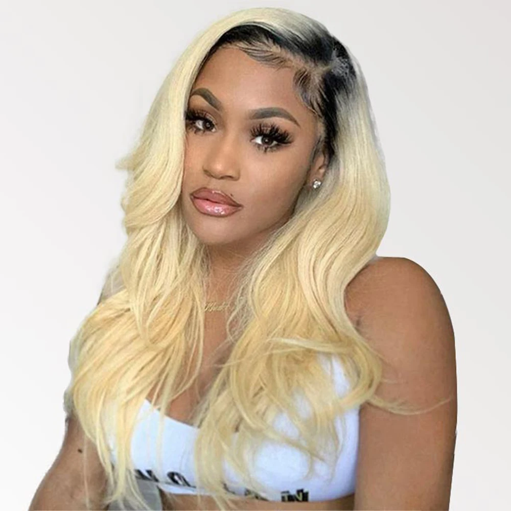 

613 Blonde Human Hair Transparent 13X4 Lace Frontal Wigs Dark Roots Pre Plucked Body Wave Brazilian Remy Women 4x4 Closure Wig