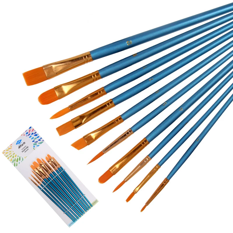 

10pcs Nylon Hair Watercolor Paint Oil Brush Pen DIY Acrylic Painting Art Wooden Pearl Blue Handle Child School Stationery Supply