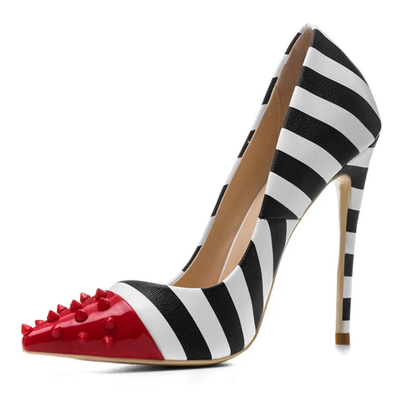 

New Rivets Pumps Women Stilettos High Heels Pointed Toe Shoes Women Mixed Colors Stripe Shallow Shoes For Women Zapatos De Mujer