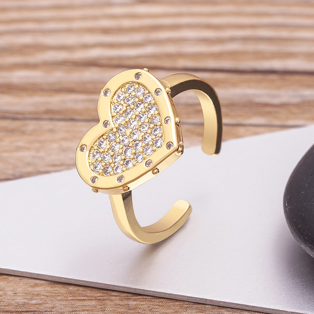 

AIBEF Fashion Design Heart Love Gold Ring Zircon Crystal Open Adjustable Wedding Engagement Jewelry Party Classic Elegant Gifts