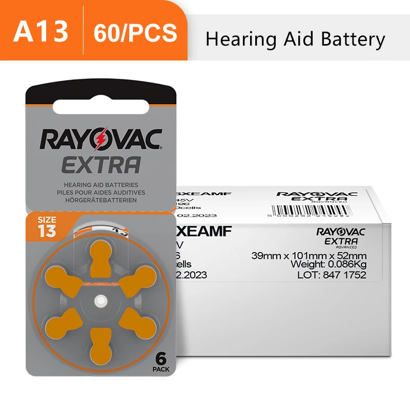 RAYOVAC-baterías de Zinc para audífonos, 60 piezas, tamaño A13, PR48, 13, P13, batería de aire de repuesto adicional para ayuda de amplificador de sonido CIC
