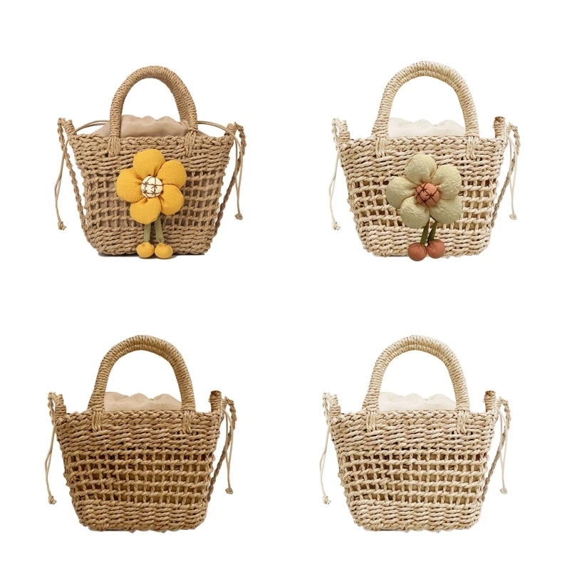 

Handmade Crossbody Bag Handbag Bucket Bag Woven Flower Baskets Bags Straw Bag Shoulder Bag for Women Girl