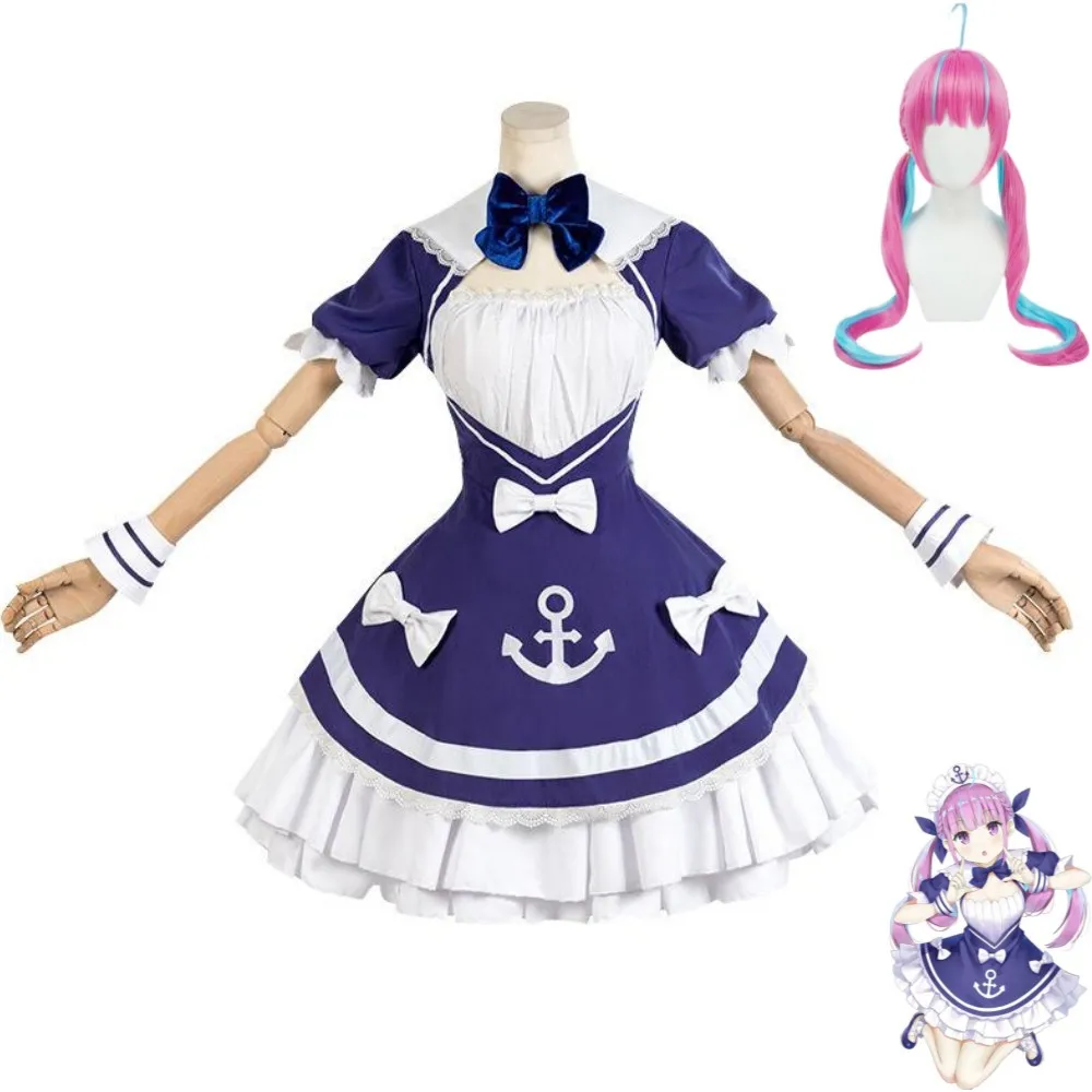 Anime Virtual YouTuber VTuber Minato Aqua Cosplay Costume Hololive Wig Blue French Maid Dress Woman Sexy Kawaii Party Suit