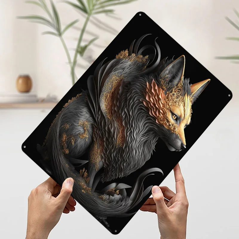 Фото Металлическая табличка Fire Fox Golden Art Deco: винтажный постер из жести, ретро-декор для ванной комнаты и украшения стен №3