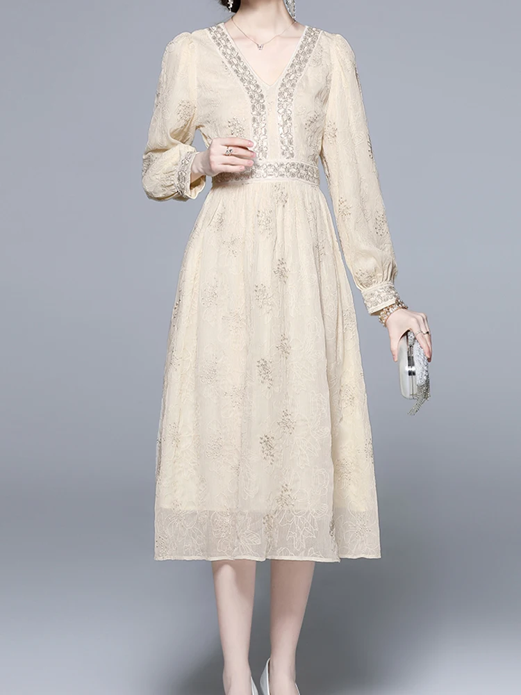 

Elegant Dress 2022 Spring V-neck Beaded Sequin Embroidered Waist Swing Skirt Long Sleeve Dress Fashion Women's Clothing