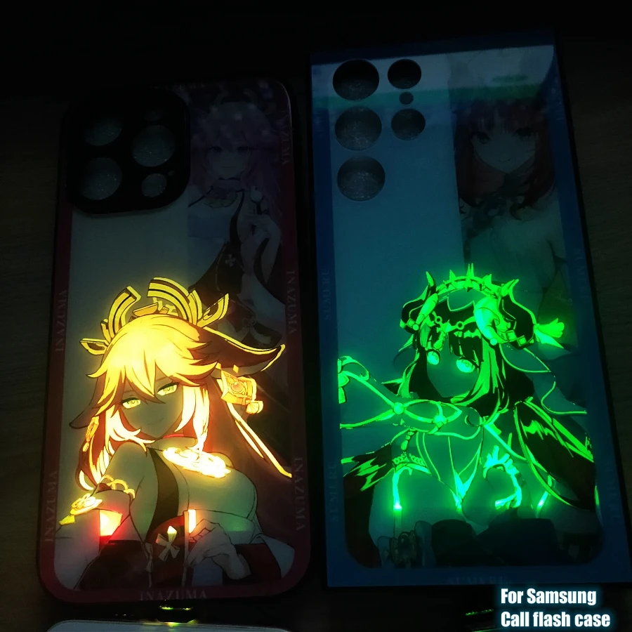 

Genshin Impact Glass Flash Case Samsung Galaxy S22 S23 Ultra S21 FE S20 S10 Plus Note 20 10 A32 A52 A72 A53 A73 LED Coque Fundas