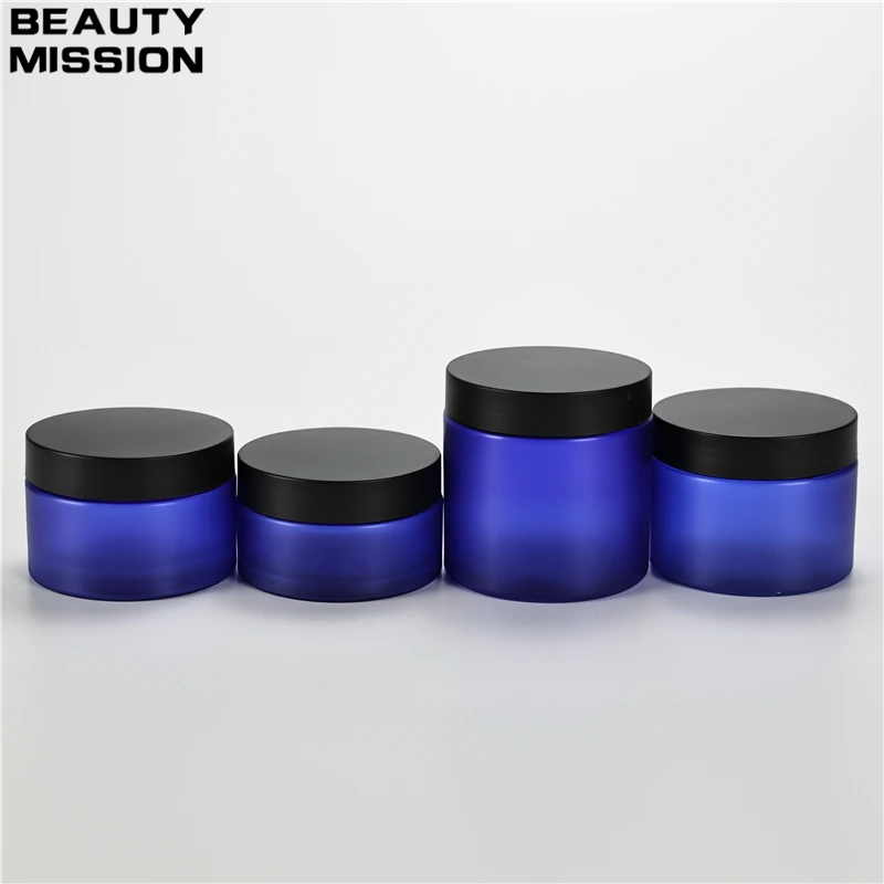 

100g-200g x 20 Empty Frosted Blue Plastic Jars With Frosted Black Screw Lid For Skin Care Makeup Suncreen Cream Pot Containers