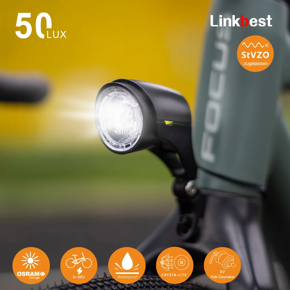 

Linkbest 60 Lux Headlight LED Electric Bicycle Light Waterproof IPX-5 Ebike Light 6V-58V for hub dynamo and ebike