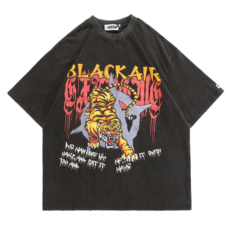 

Hip Hop Streetwear T Shirt Letter Tiger Print Oversized T Shirts 2022 Gothic Punk Summer Vintage Washed Short Sleeve Tops Tees