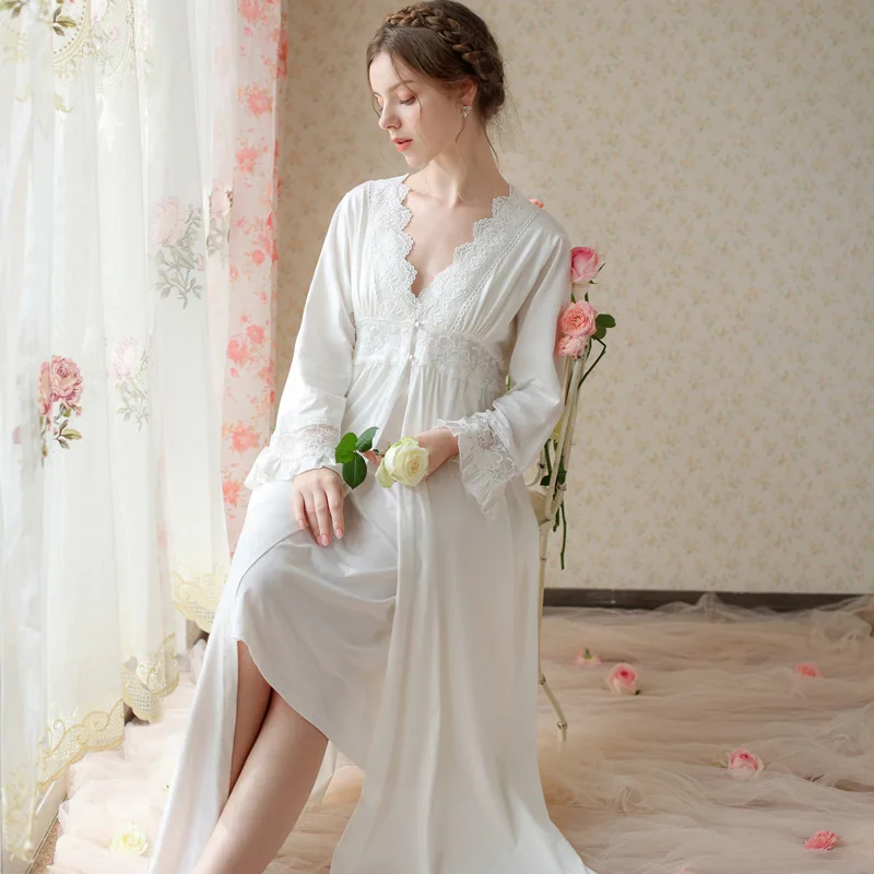 

Fairy Two Piece Robe Sets Women Spring Autumn White Cotton Lace Vintage Nightgown Victorian Night Dress Sexy Sleepwear Nightwear
