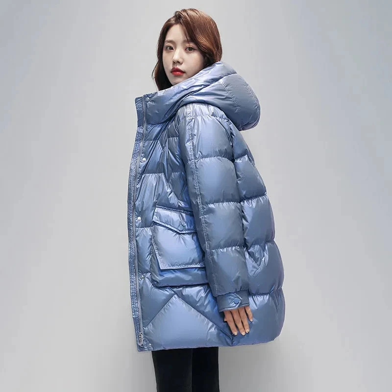 Women's Winter Warm Windproof Hooded Parkas Fashion Glossy Stand Collar Snow Coat Solid Warm Cotton Jacket Loose Zip Up Overcoat