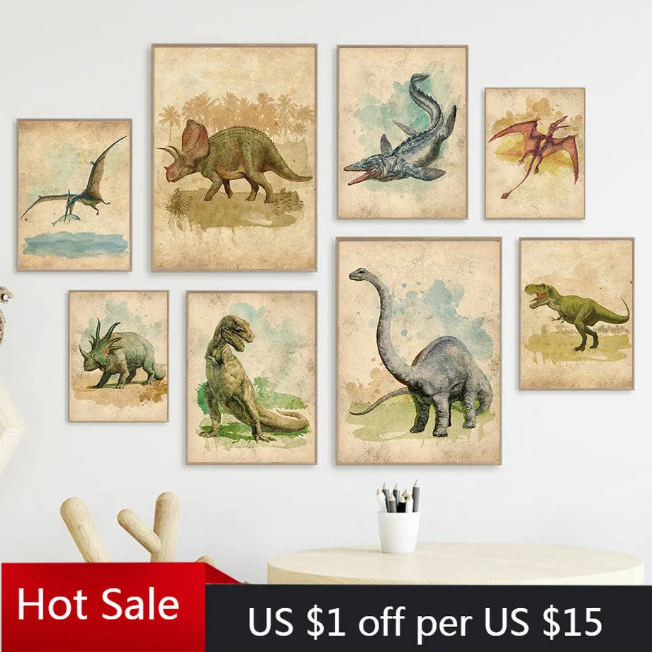 

Винтажная Картина на холсте с акварелью и динозавром для детской комнаты