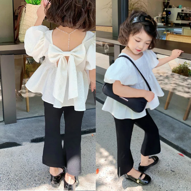 

Childrens Summer Set Sweet Fashion Wear Top Square Split New Side Pants Neck Bubble With Backless Bear Girls Flare Leader 23