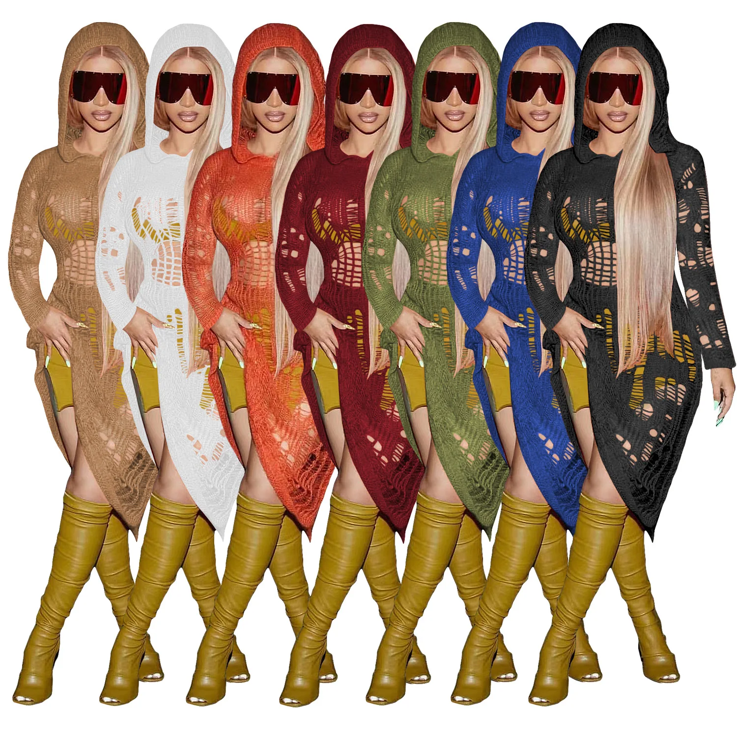 

Wholesale Autumn Solid Dresses for Women Party New Women's Knitted Casual Hollow Hooded Dress 2022 Fashion Sexy Midi Dress