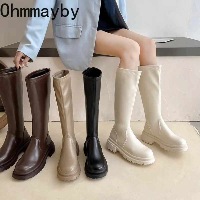 

2023 Winter New Women Long Boot Fashion Platform Flats Heels Round Toe Knee High Boot Back Zipper Riding Boot