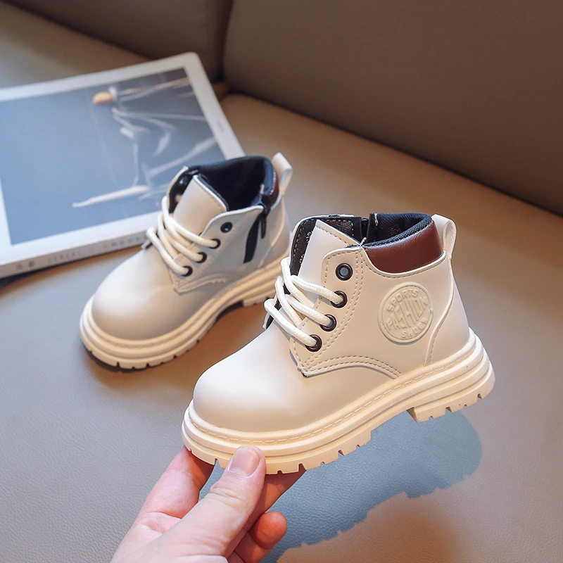 

British Style Ankle Boots Girls 2022 Four Seasons Brown Side Zip Round-toe Kids Fashion Cute Boys School Shoes Simple Casual PU