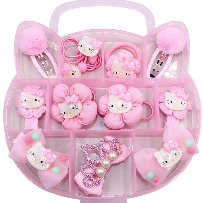 

Cute girls headdress KT Cat pink Red gift pack with Kawaii Flower Lace Elastic Hair Band hairpin children's hair accessories
