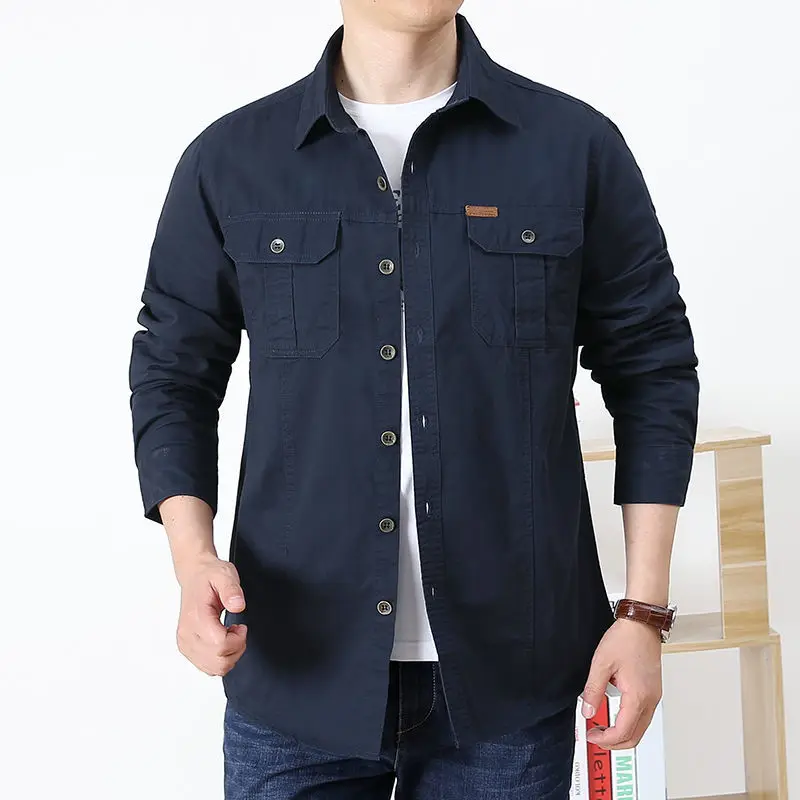 High End Luxury2022Autumn High Quality Men's Shirt Long Sleeve100%Cotton Lapel Three-dimensional Pocket Loose Shirt Work Clothes