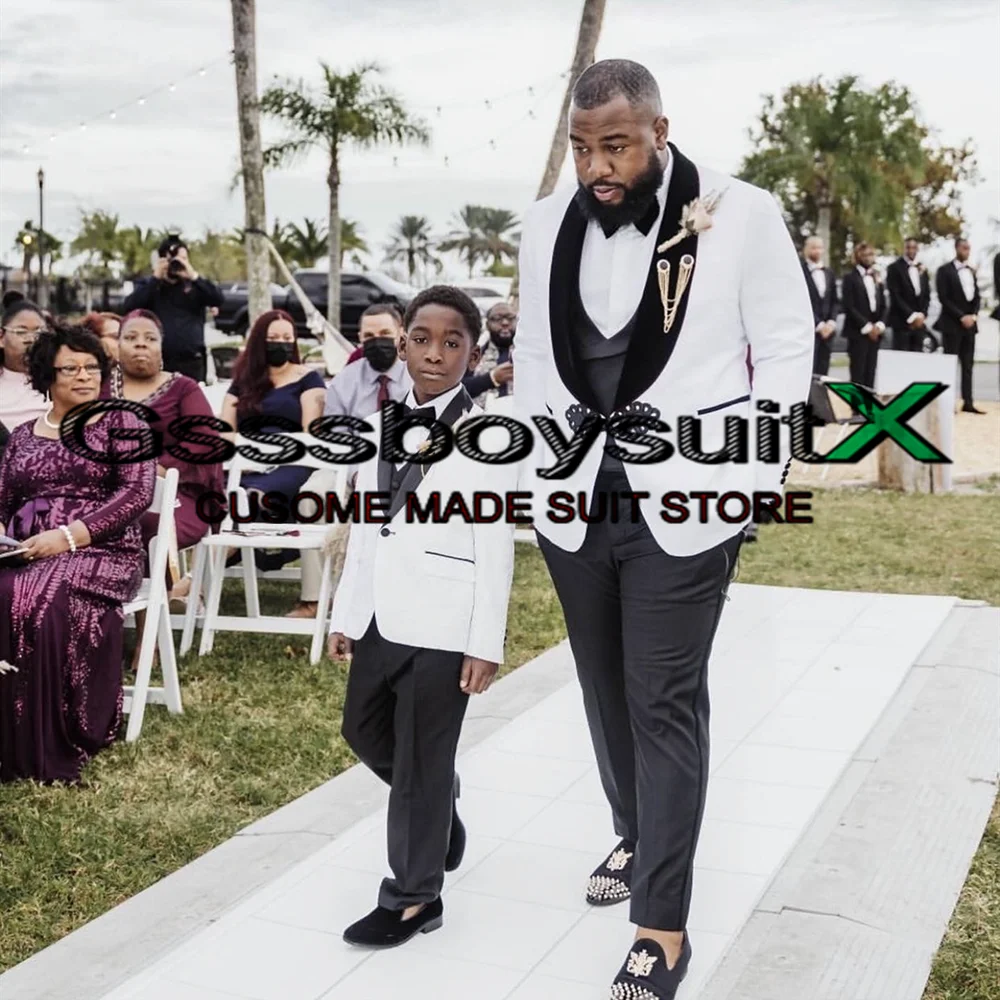 

White Boys Tuxedo Three Piece Shawl Collar Jacket Pants Vest Kids Formal Blazer Set Party Dress Slim Fit Outfit