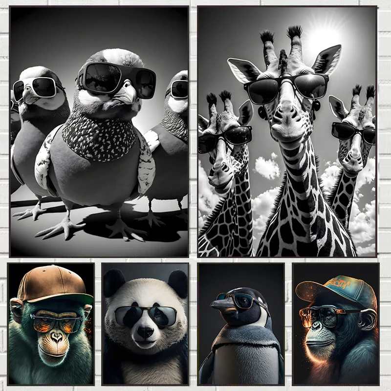 Забавное животное в очках постер с принтом холст картина жираф панда обезьяна