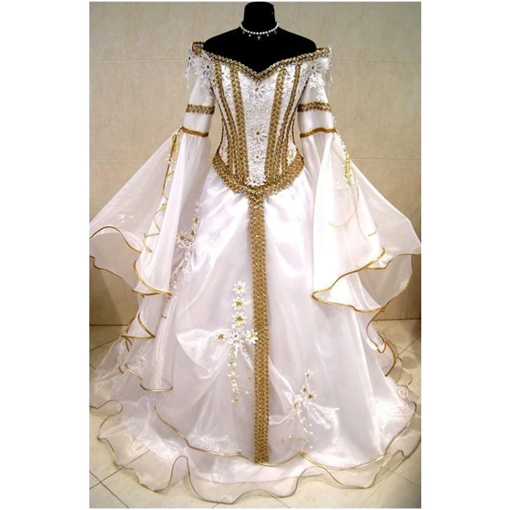 

Vintage Medievil Theme Wedding Dress White And Gold Long A-Line Corset Celtic Bridal Gowns Flare Sleeves Piping V-Neck