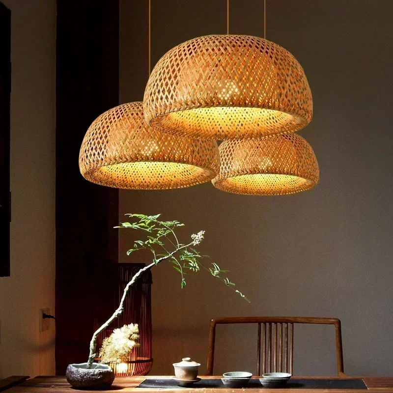 

Handmade Vintage Pendant Lamp Bamboo Restaurant Café Chandeliers Wood Base E27 Bulb Lighting Hotel Bedroom Interior Classical