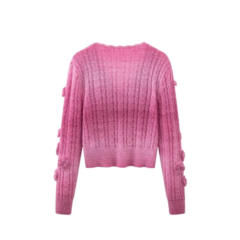 Милый розовый мягкий кардиган женский вязаный свитер с 3D цветочным принтом и