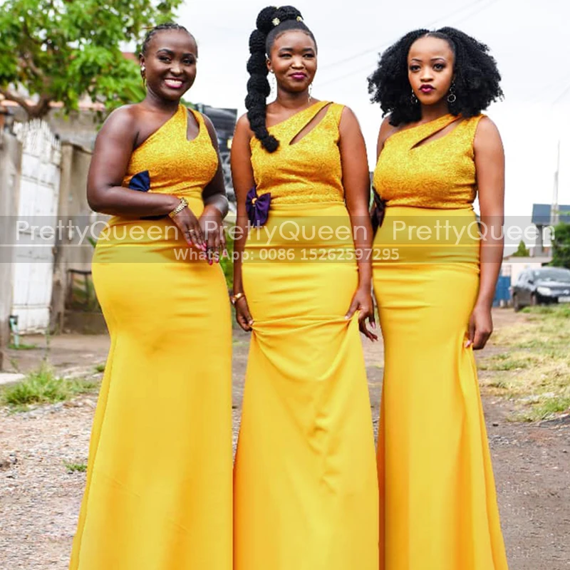 

Mermaid Long Bridesmaid Dresses Gold Yellow Lace Cut Out One Shoulder Sleeveless Trumpet Plus Size Maid Of Honor Party Dress