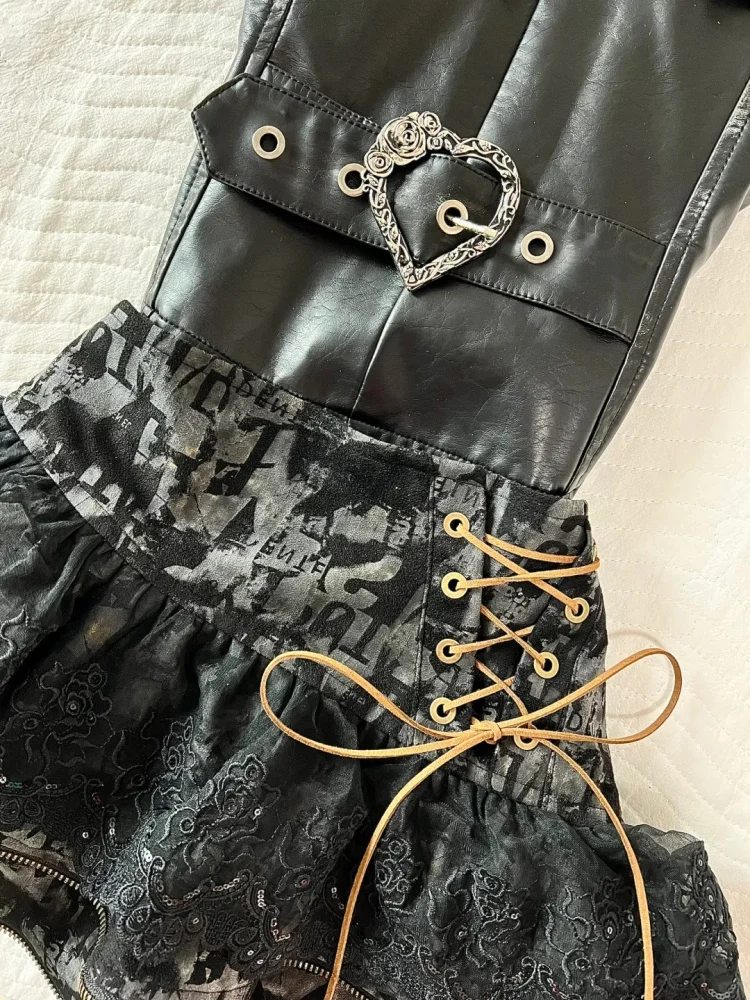 Фото Панк-готика Винтаж Женский комплект из 2 предметов Y2k Slim Hot Chick Skinny Топы + Короткая юбка Эстетическая милая уличная одежда Новые наряды №2