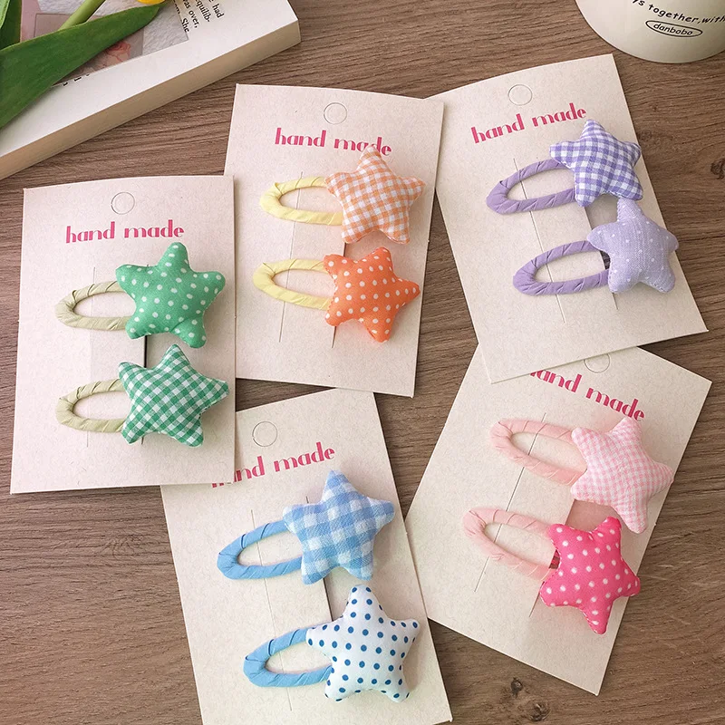 

2 Pcs Sweet Color Fabric Cotton Filled Dot Plaid Star Hair Clips for Girl Headwear Fashion Children's BB Clip Hair Accessories
