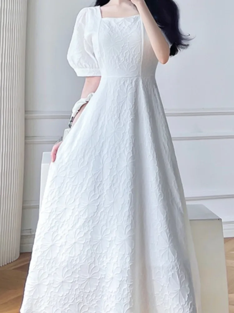 

Summer New Elegant Casual Midi Women White Dress Short Sleeve Vintage A-Line Fashion Party Vestidos Femme Prom Clothes Robe