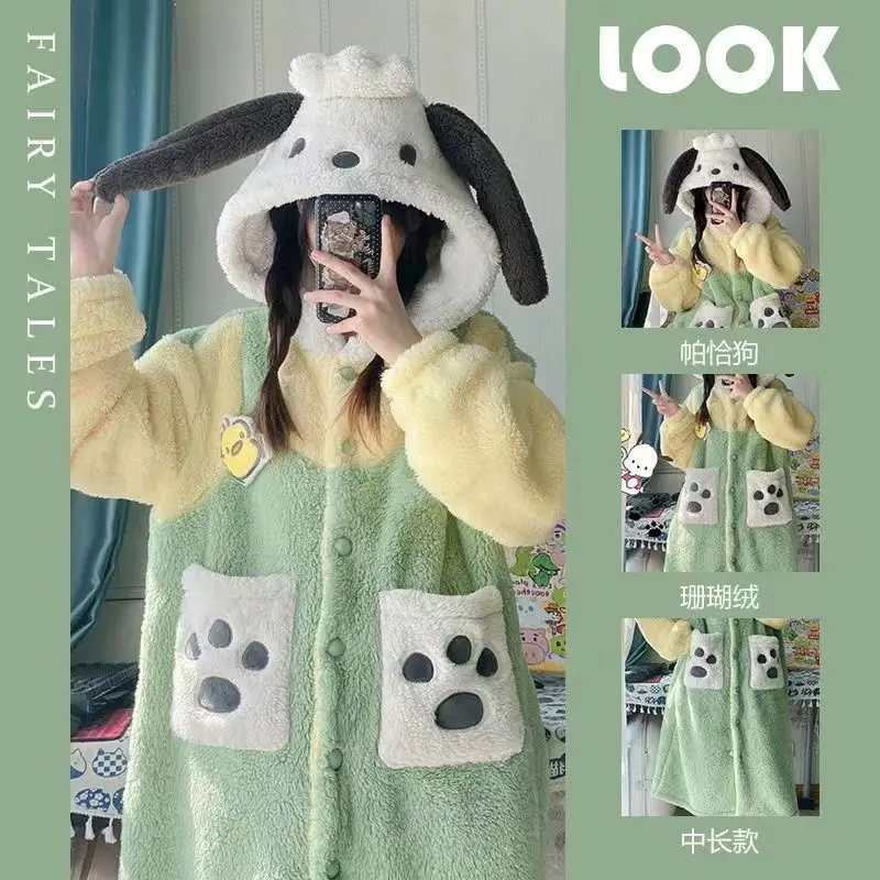 

Sanrio Pochacco Kuromi Kawaii Cute Bow Furry Pajamas Autumn Winter Sweet Girl Long Pajama Anime Plush Couple Loungewear Gift