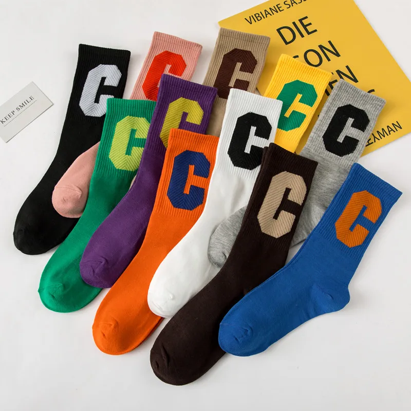 10 Pairs Pack Women Colorful Alphabet Letter C Socks Set Solid Color Street Fashion Korean Style Lovers Casual Cotton Socks Gift