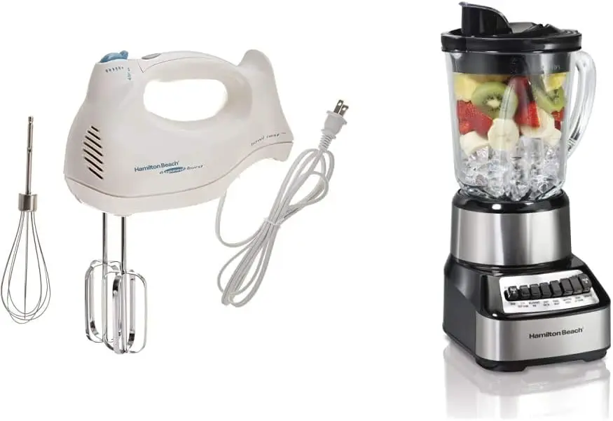 

Power Deluxe 6-Speed Electric Hand , White & Beach Wave Crusher Blender with 40oz Glass Jar and 14 Functions for Puree, Ice
