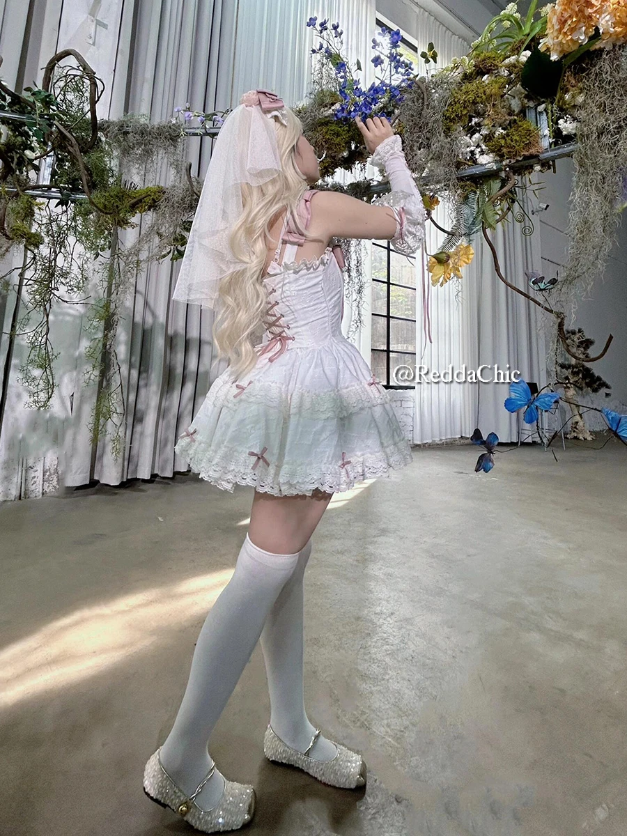 Женский жаккардовый комплект мини-платья REDDACHiC Kawaii с кружевной отделкой бантом