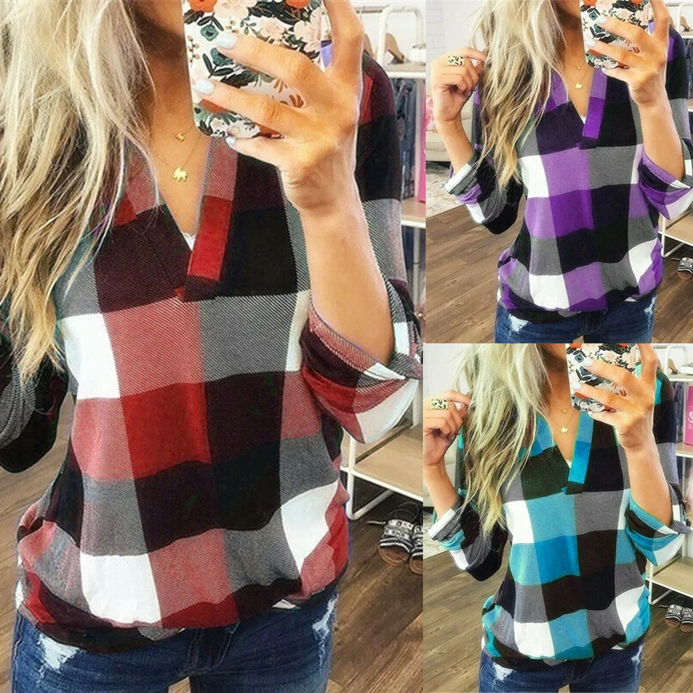 

Spring Autumn Plaid V-Neck Shirt Plus Size Blouse Long Sleeve Pullover Fashion Loose Cotton Printed Tops Women Casual Clothing