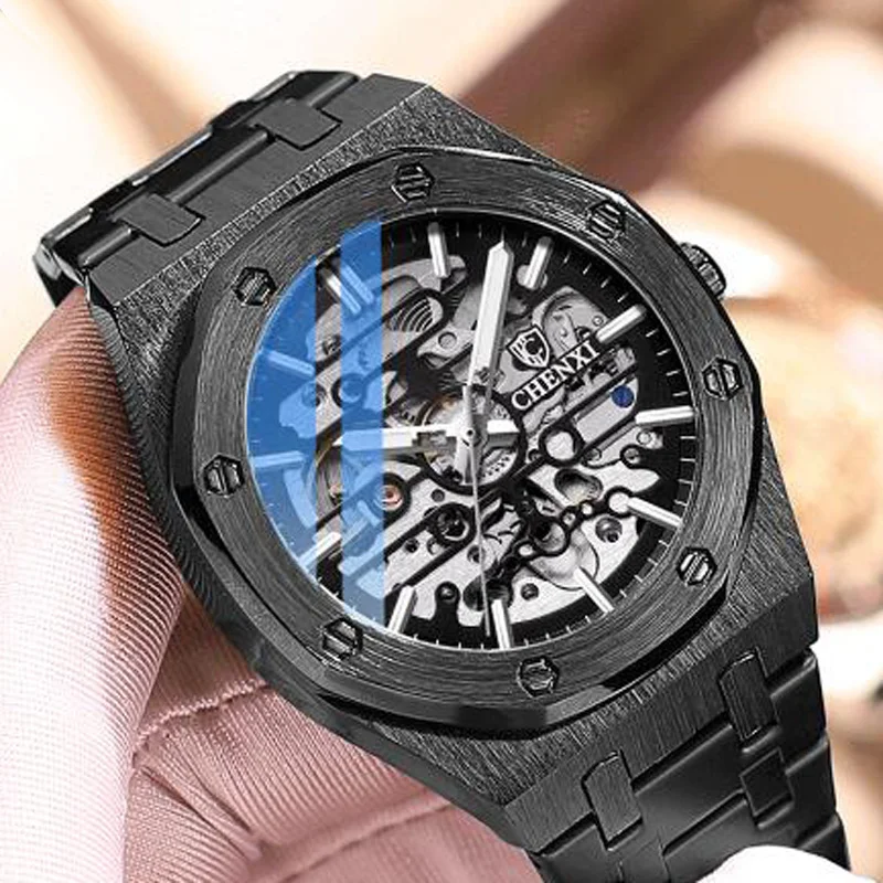 

2021 CHENXI Watch Men Skeleton Watches Black Stainless Steel Automatic Mechanical Wristwatches 30m Waterproof Clock Reloj Hombre