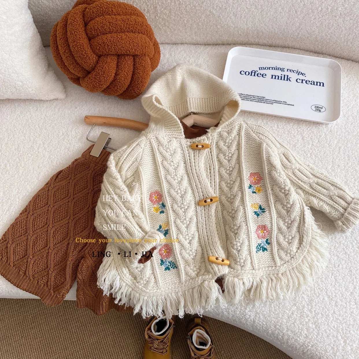 Korean Style Autumn Winter Baby Coat Sweater Embroidered Flower Girls Knitwear Cardigan Top Kids Cloak Hooded Jackets