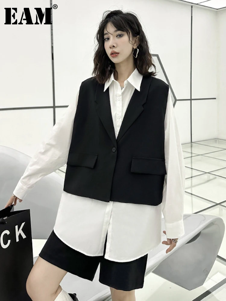 

[EAM] Women White Color-block Big Size Blouse New Lapel Long Sleeve Loose Fit Shirt Fashion Tide Spring Autumn 2023 1DH0258