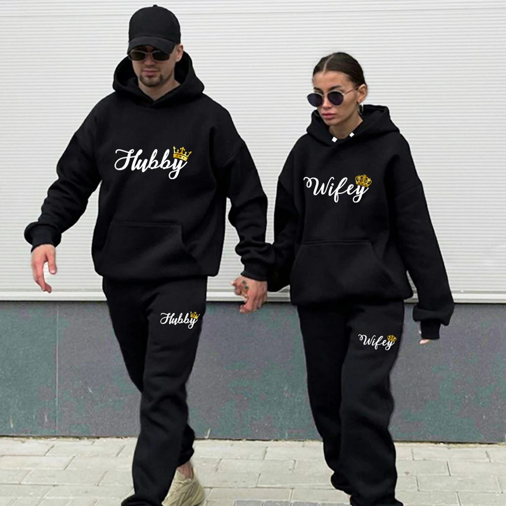 

Couple Sportwear Set Hubby Wifey Print Lovers Clothes Fleece Suit Men Hoodie and Pants 2 pieces Hoodies Women's Tracksuit