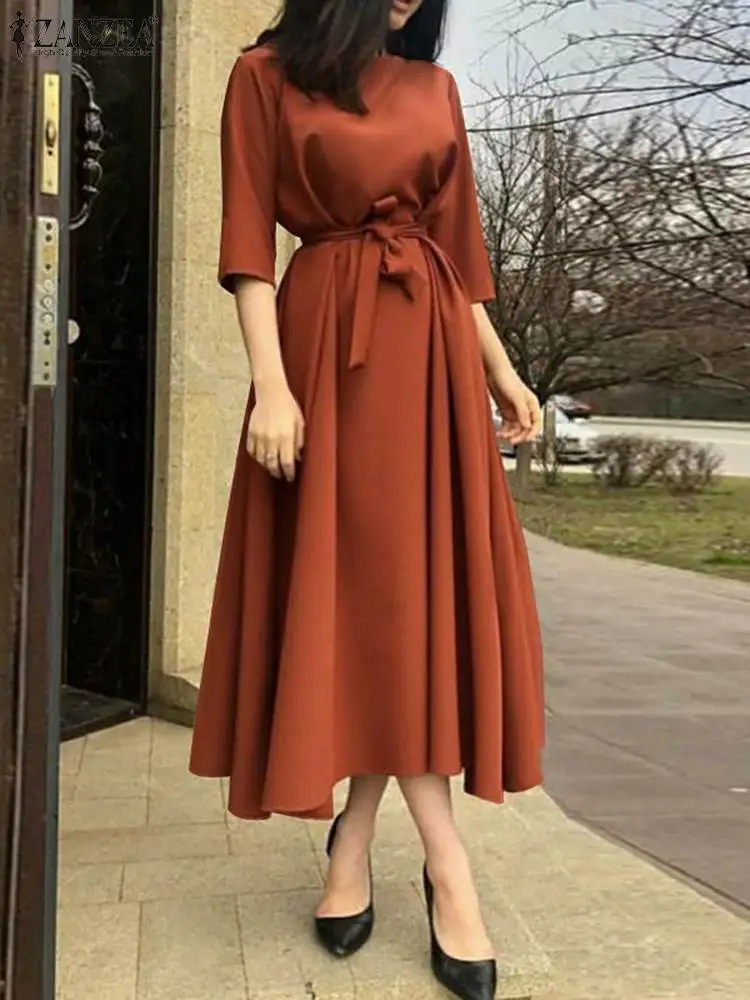 

2022 ZANZEA Oversized Women Summer Solid Midi Dress O-Neck Half Sleeve Sundress Femme Casual Elegant Office Work Beach Vestidos